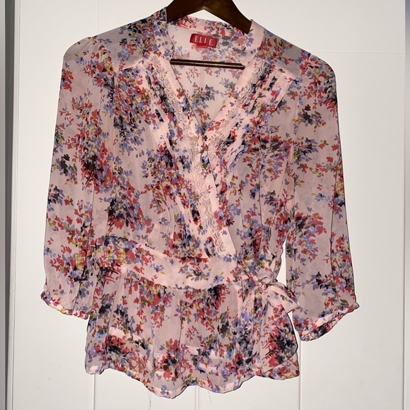 Elle Women Floral Chiffon Faux Wrap Lace Blouse Small Sheer Cottage Prairie - Picture 8 of 9